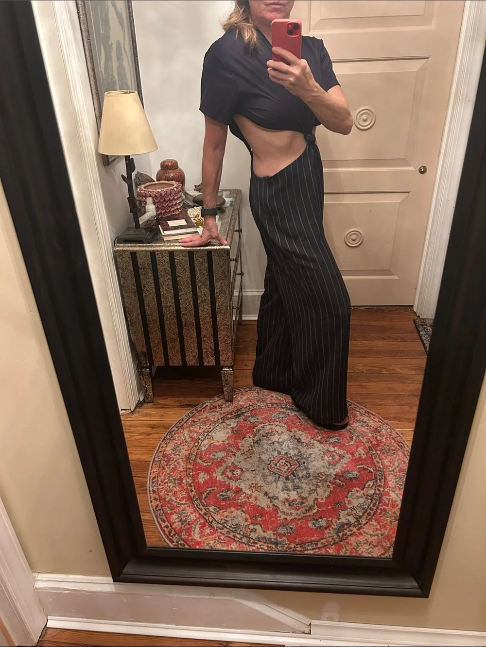 RARE!! DION LEE sz 6? Navy Pinstripe wide leg Cutout Jumpsuit with Front Knot_8
